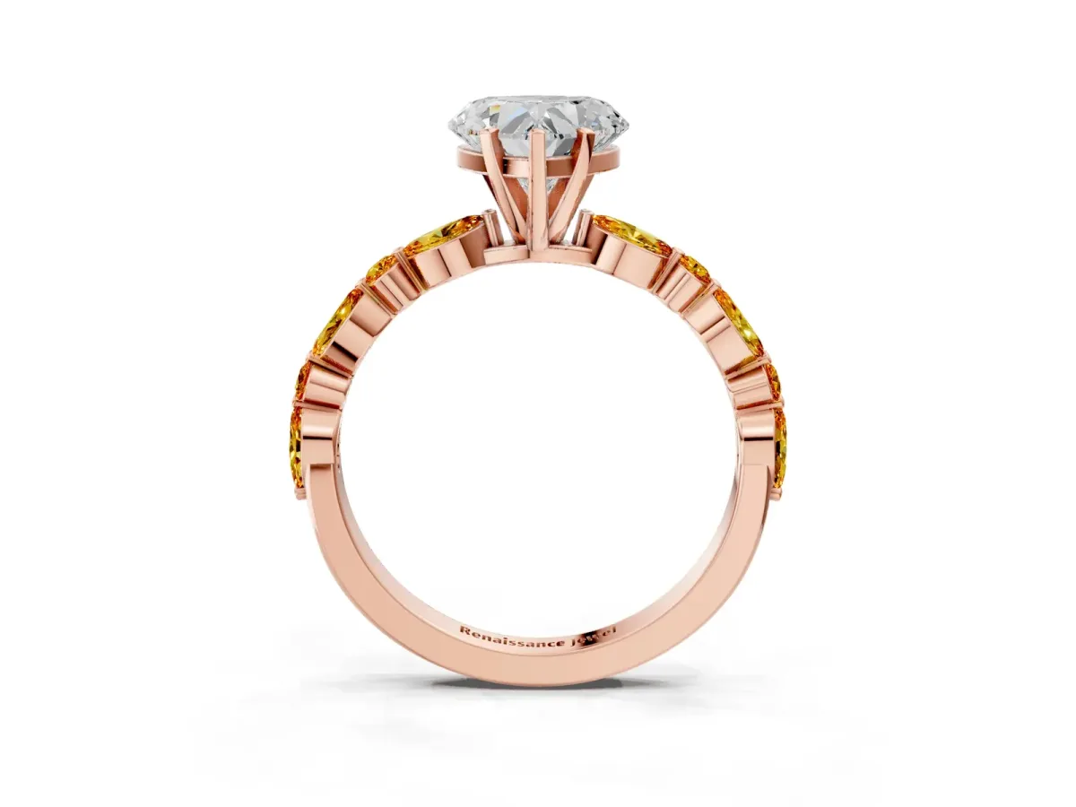 Heart Cut Diamond Ring with Marquise and Round Citrine Side Stones and Four-Prong Setting Rose gold