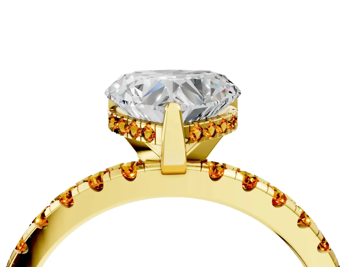 Heart Cut Diamond Solitaire Ring with Round Citrine Pavé Band and Four-Prong Setting Yellow gold