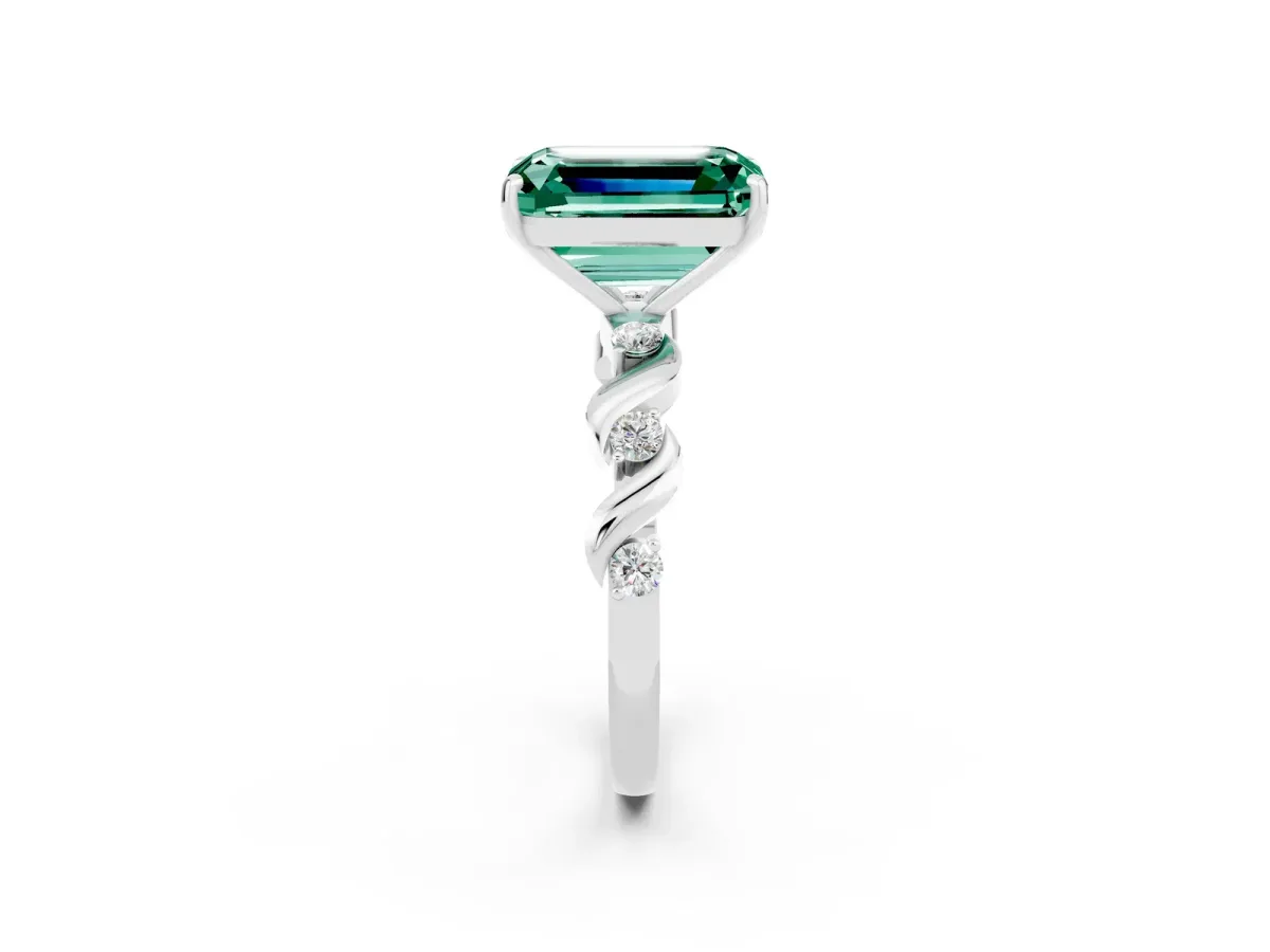 Emerald Cut Green Sapphire Solitaire Twisted Band with Round Accents and Prong Setting White gold