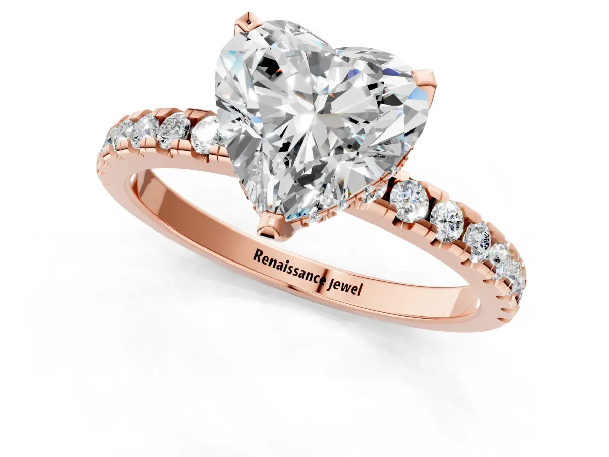 Heart Cut Diamond Solitaire Ring with Round Moissanite Pavé Band and Four-Prong Setting Rose gold