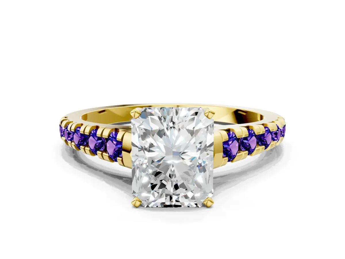 Radiant Cut Diamond Cathedral Solitaire Ring with Round Tanzanite Pavé Band Yellow gold