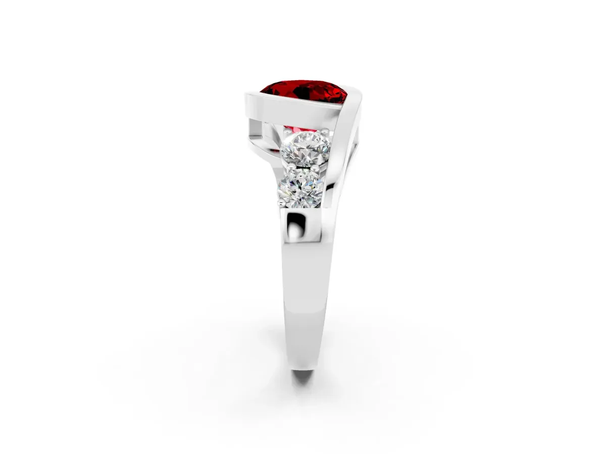 Bezel Set Round Cut Ruby Bypass Ring with Round Accents Silver