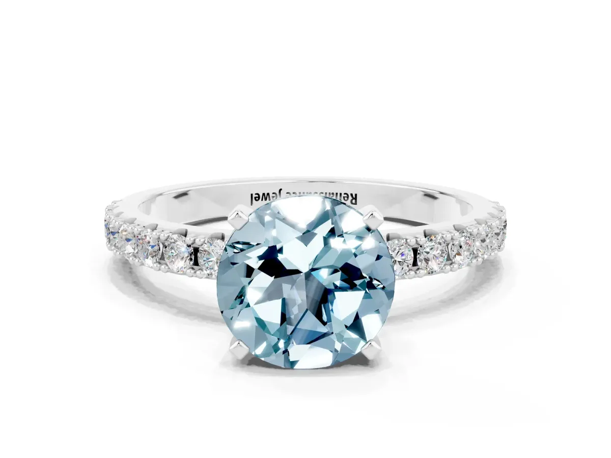 Round Cut Aquamarine Solitaire Pavé Band with Four-Prong Setting Platinum