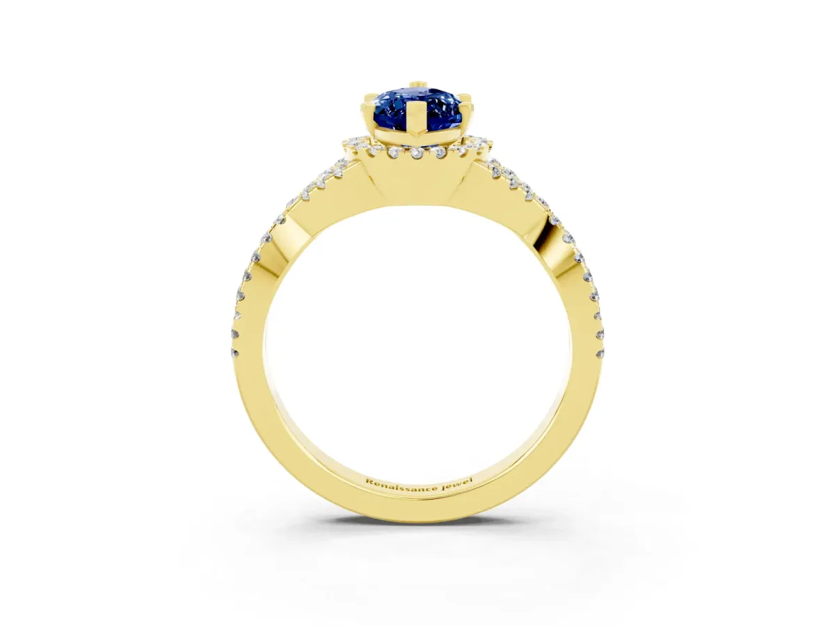 Marquise Cut Blue Sapphire Halo Twist Band Solitaire Prong Setting Ring Yellow gold