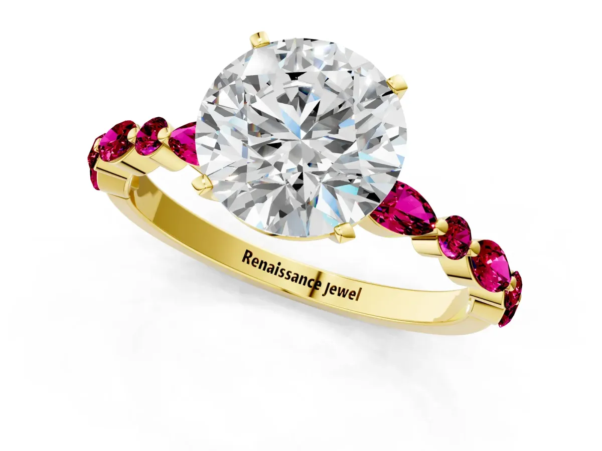 Round Cut Diamond Ring with Marquise and Round Garnet Side Stones and Four-Prong Setting Yellow gold