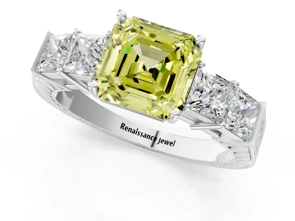 Fancy Yellow Asscher Cut Solitaire Princess Side Stone Engraved Band Prong Setting Ring Silver