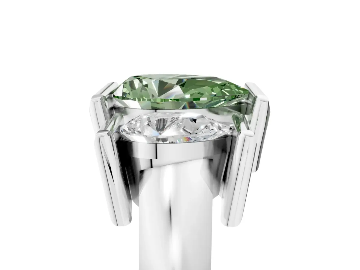 Fancy Green Three Stone Pear Cut Cut Channel Set Diamond Ring Silver