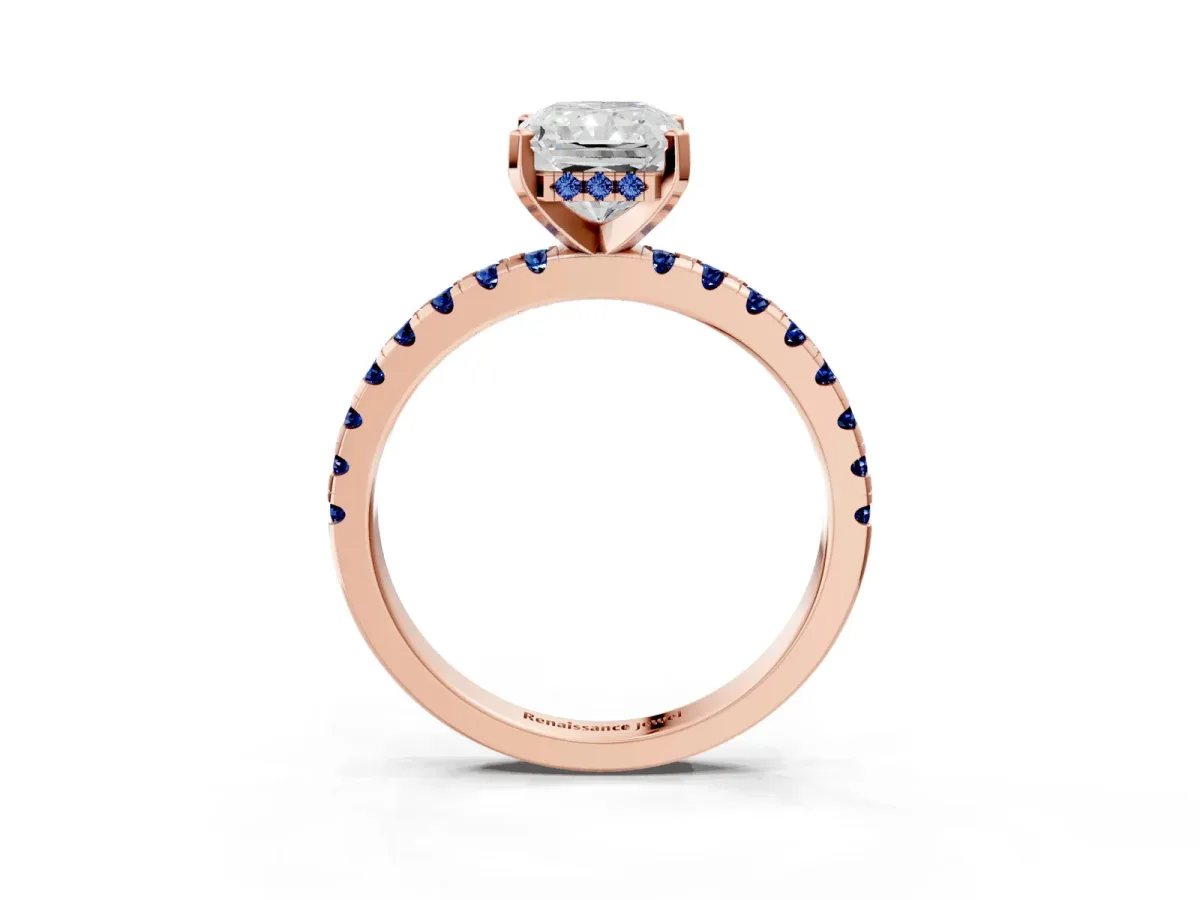 Radiant Cut Diamond Solitaire Ring with Round Blue Sapphire Pavé Band and Four-Prong Setting Rose gold
