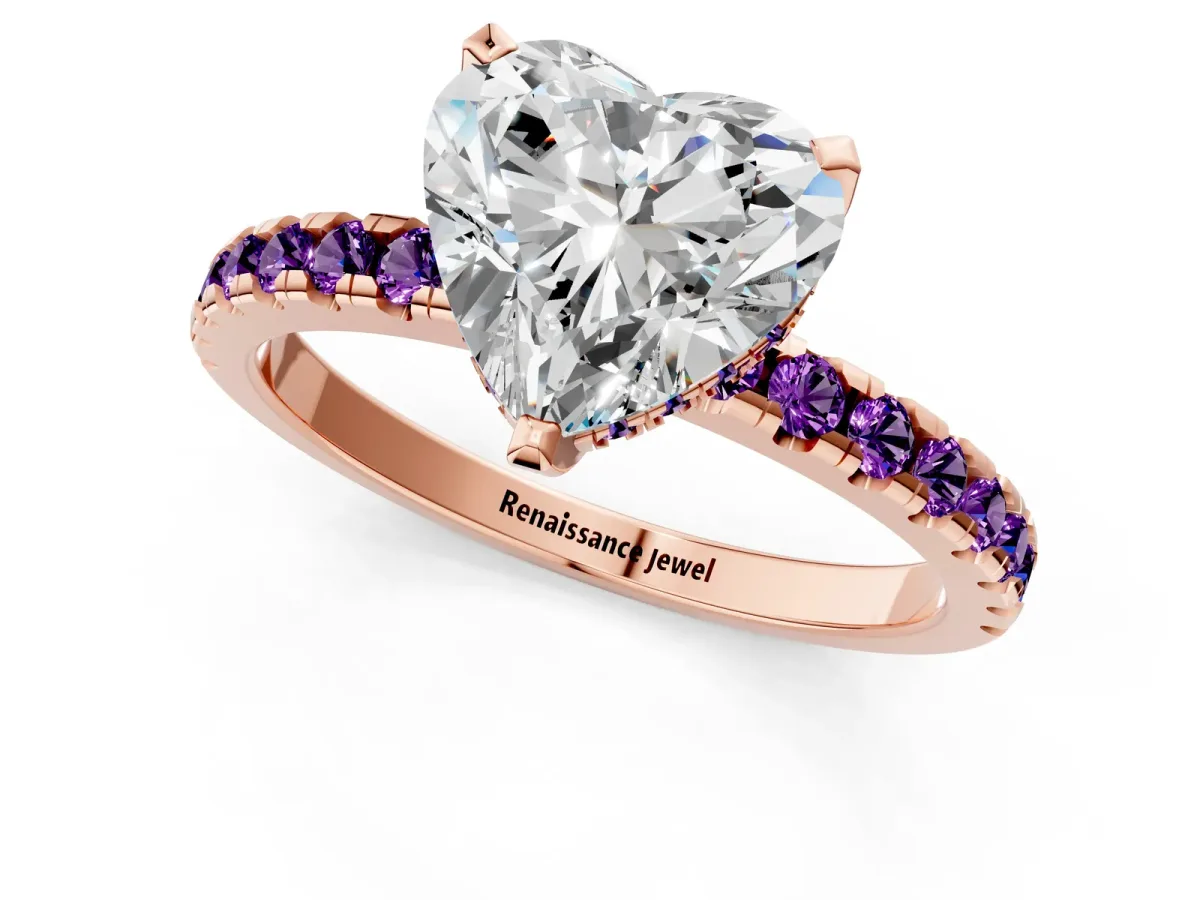 Heart Cut Diamond Solitaire Ring with Round Amethyst Pavé Band and Four-Prong Setting Rose gold
