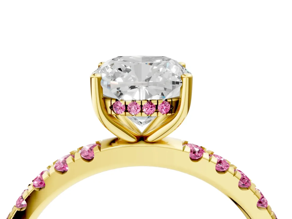 Cushion Cut Diamond Pave Band Solitaire Ring with Round Pink Sapphire and Prong Setting Yellow gold