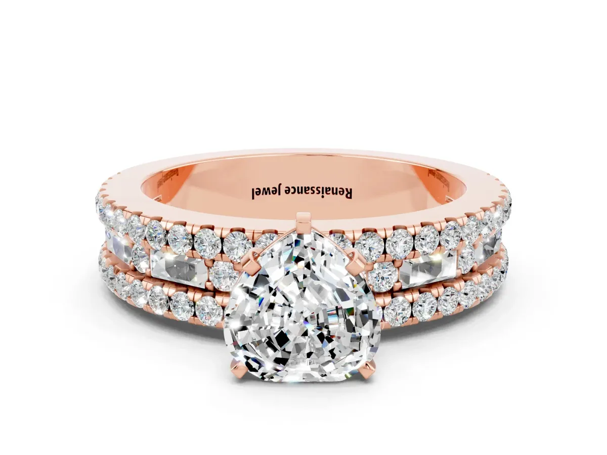 Heart Cut Moissanite Solitaire Ring with Pavé and Channel Set Band Rose gold