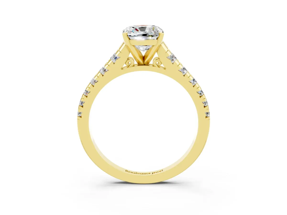 Cushion Cut Moissanite Cathedral Solitaire Ring with Round Pavé Band Yellow gold