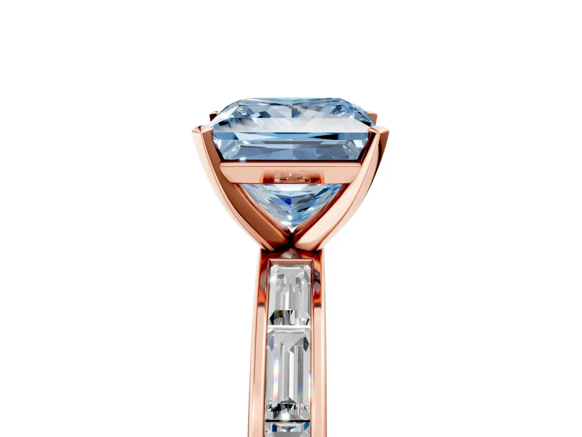 Fancy Blue Princess Cut Solitaire Diamond Ring with Channel-Set Baguette Band and Four-Prong Setting Rose gold