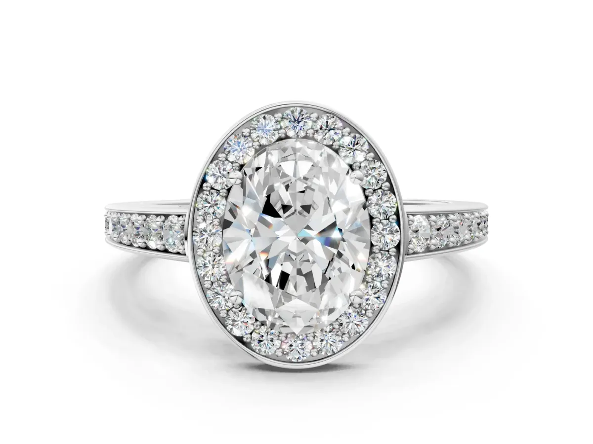 Oval Cut Halo Pavé Diamond Engagement Ring with Bezel Setting Silver