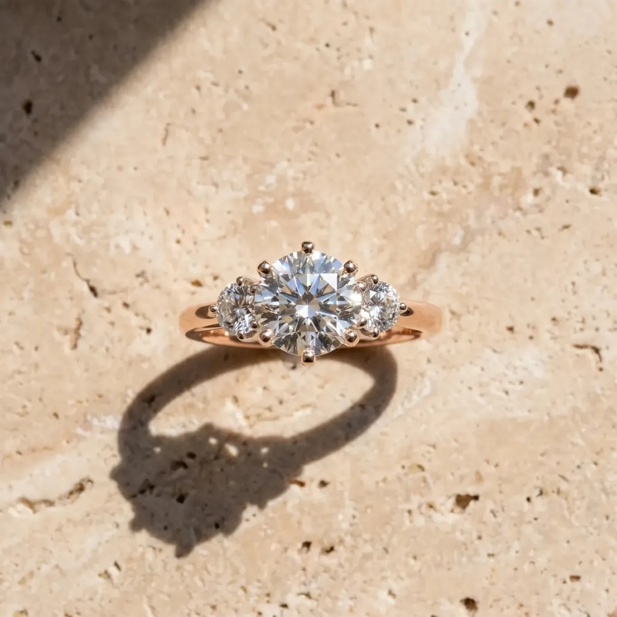 Three-Stone Round Cut Cut Solitaire Diamond Ring with Prong Setting Rose gold