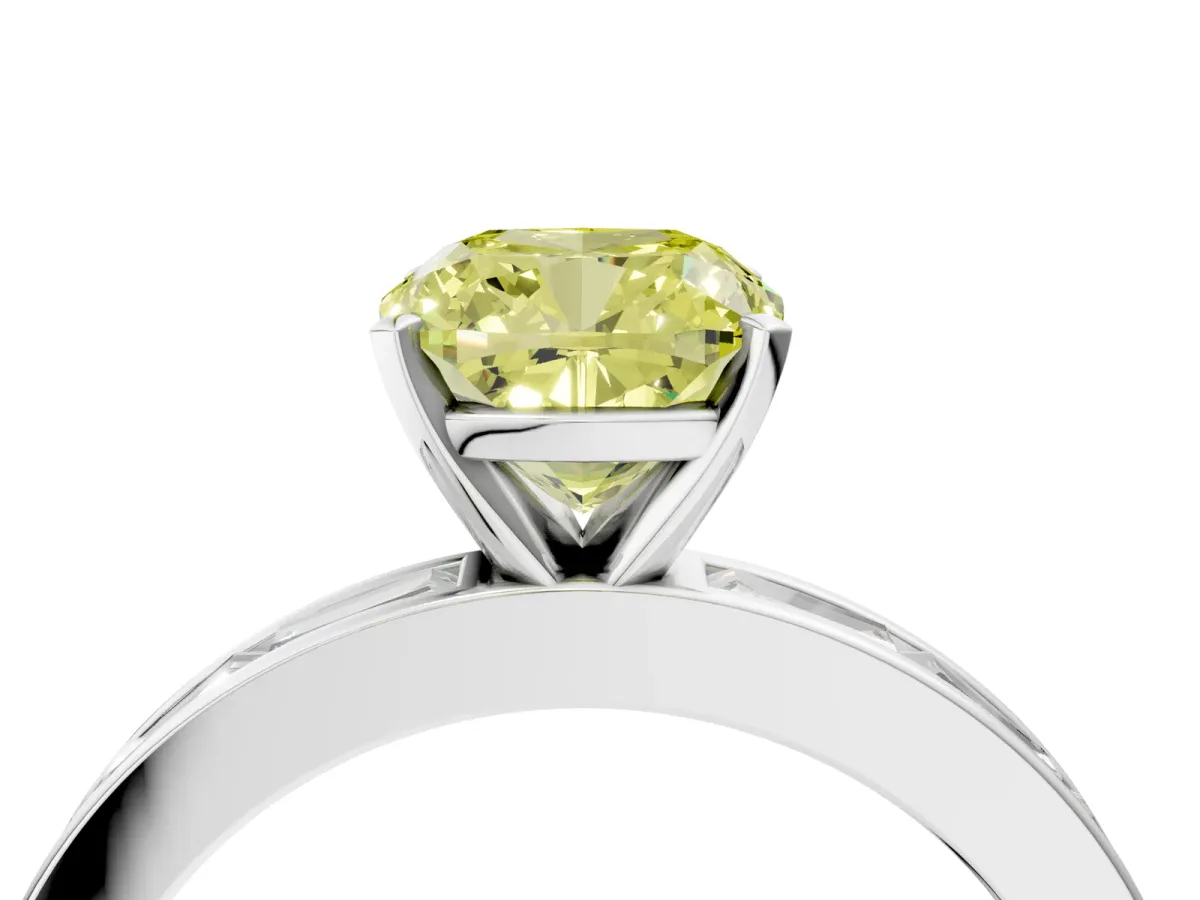 Fancy Yellow Cushion Cut Solitaire Diamond Ring with Channel-Set Baguette Band and Four-Prong Setting White gold