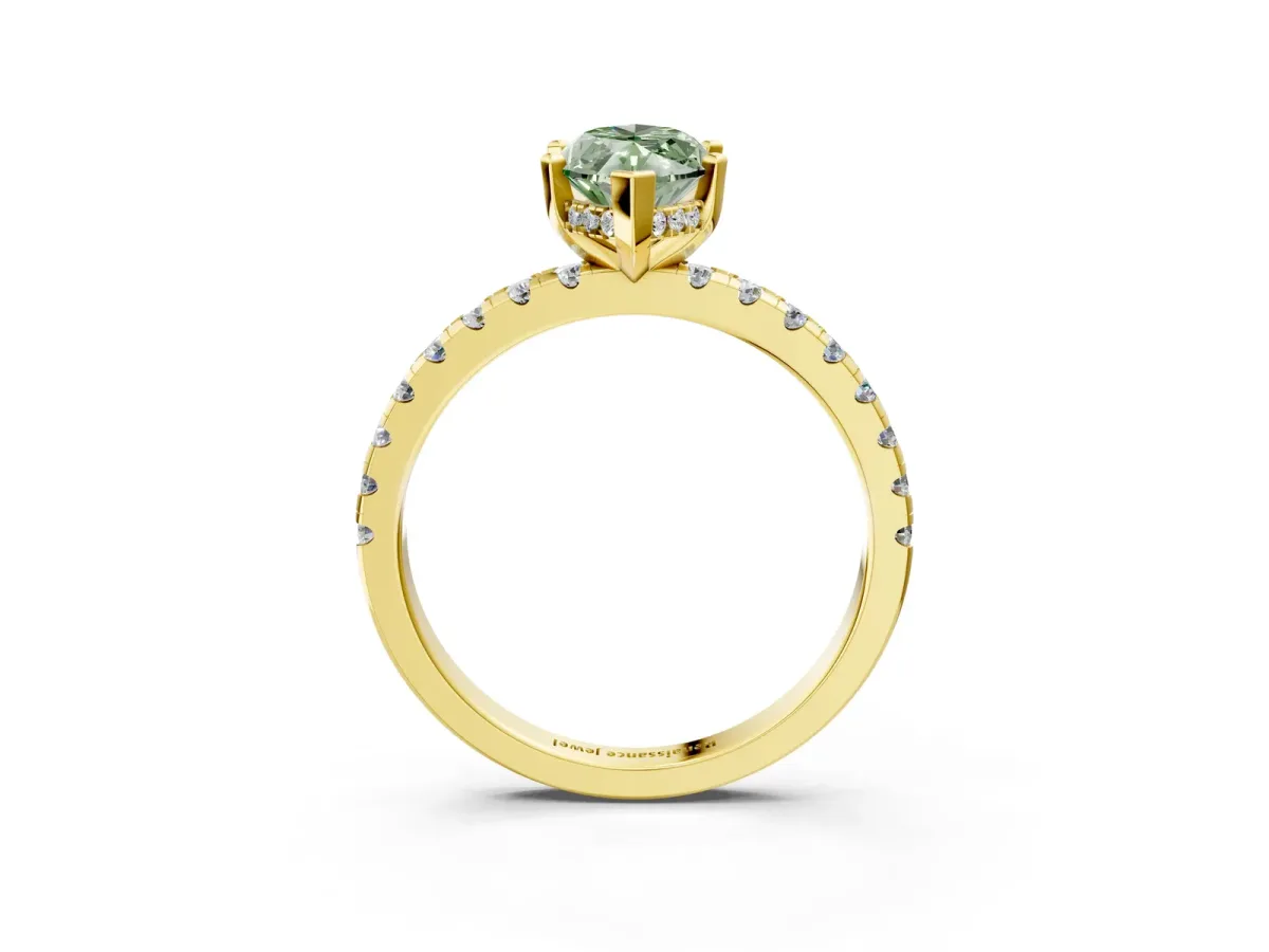 Fancy Green Marquise Cut Diamond Solitaire Ring with Round Pavé Band and Four-Prong Setting Yellow gold