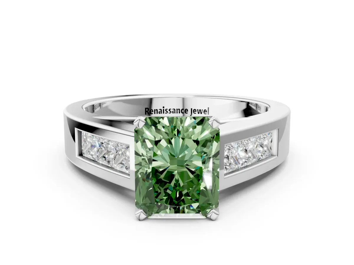 Fancy Green Radiant Cut Cut Channel Set Solitaire Ring with Four-Prong Setting Silver