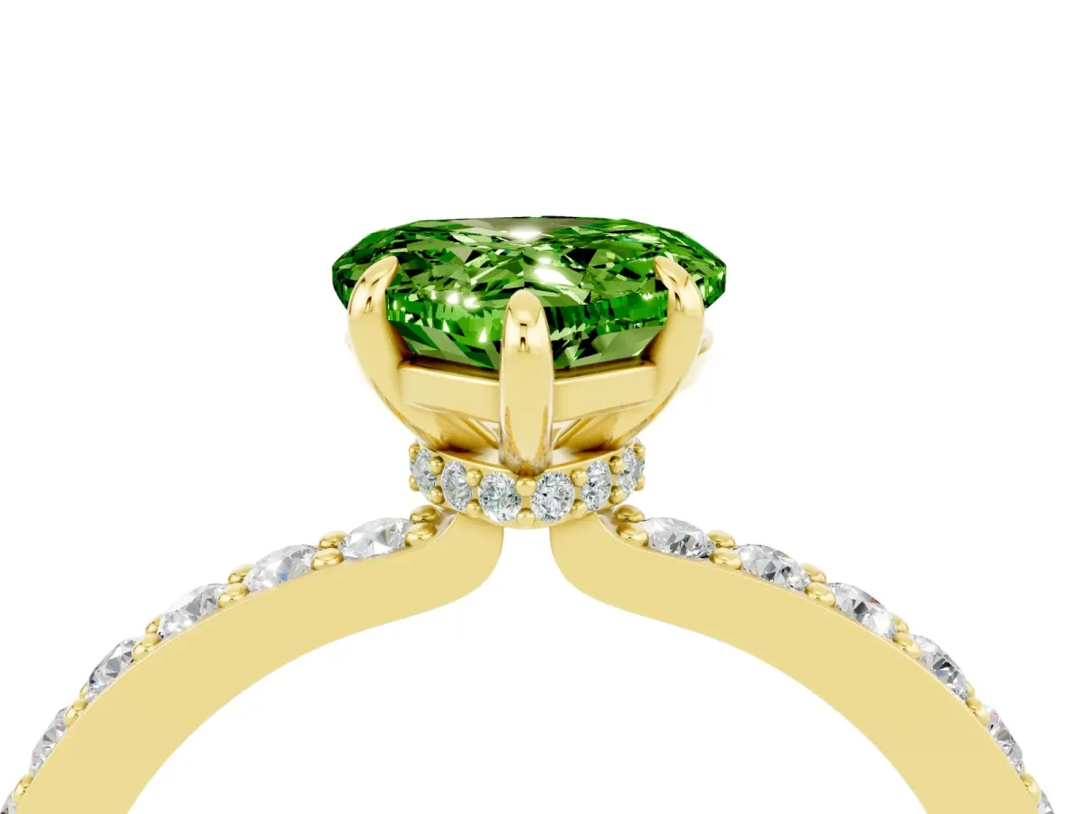 Heart Cut Peridot Solitaire Engagement Ring with Pavé Band and Four-Prong Setting Yellow gold