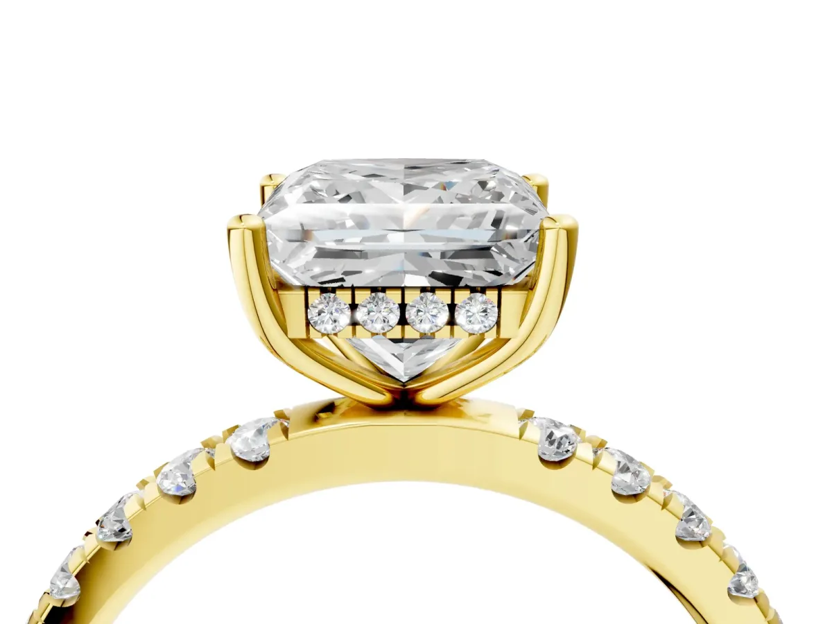 Princess Cut Diamond Pave Band Solitaire Ring with Round Moissanite and Prong Setting Yellow gold