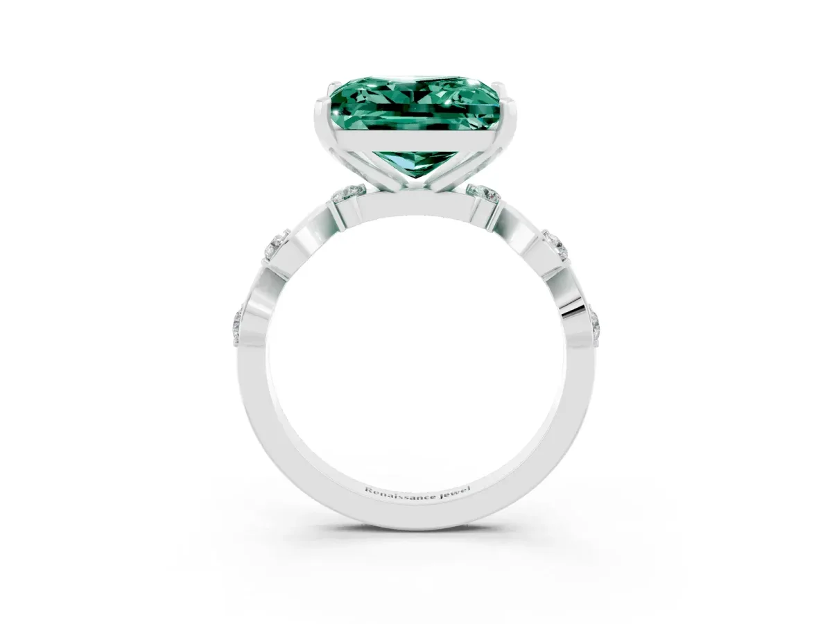 Princess Cut Green Sapphire Solitaire Twisted Band with Round Accents and Prong Setting Platinum