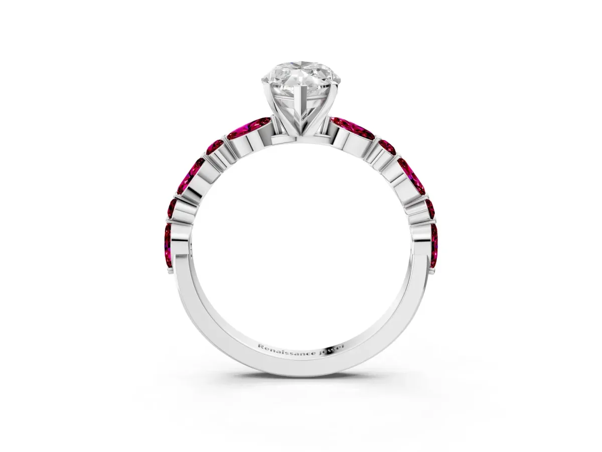 Marquise Cut Diamond Ring with Marquise and Round Garnet Side Stones and Four-Prong Setting White gold