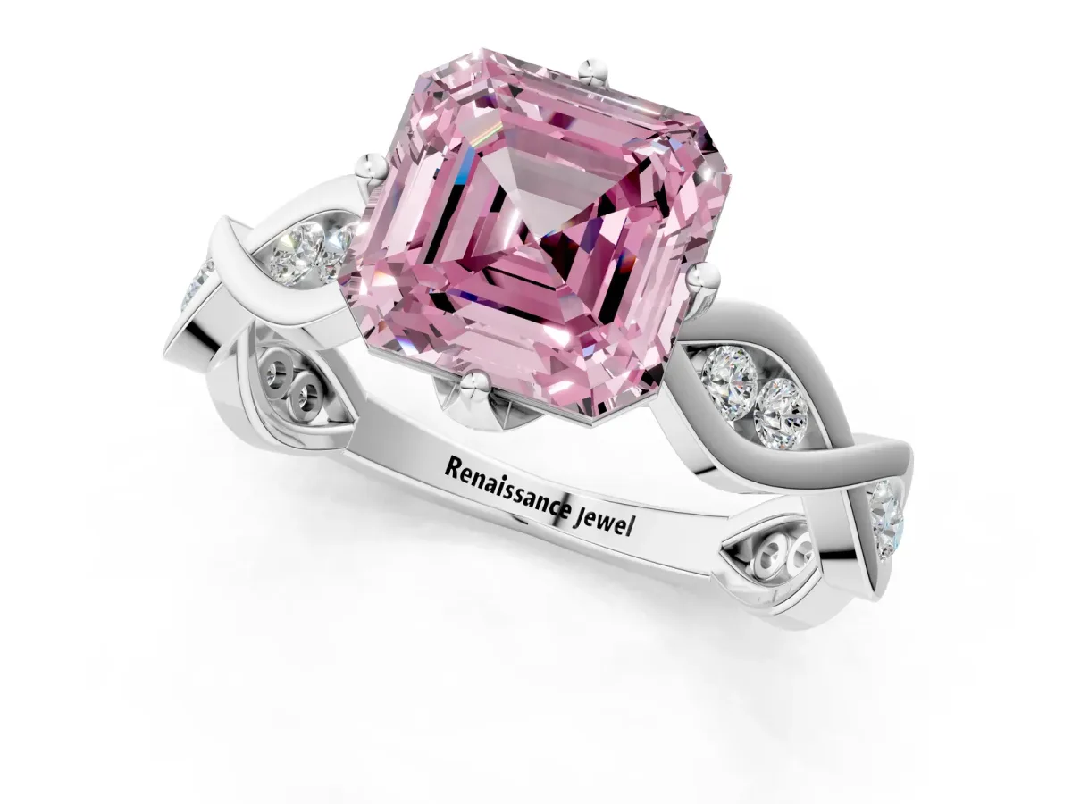 Fancy Pink Asscher Cut Solitaire Twist Band with Leaf Prong Setting Platinum