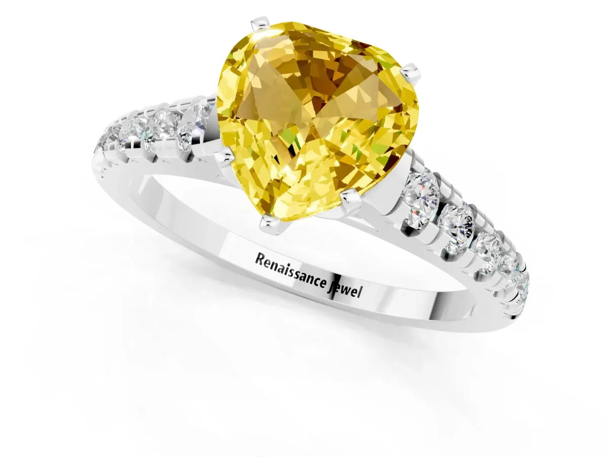 Heart Cut Yellow Sapphire Cathedral Solitaire Ring with Round Pavé Band White gold