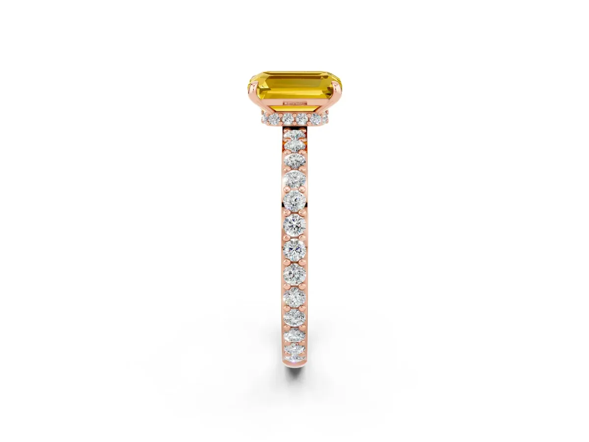 Emerald Cut Yellow Sapphire Solitaire Engagement Ring with Pavé Band and Four-Prong Setting Rose gold
