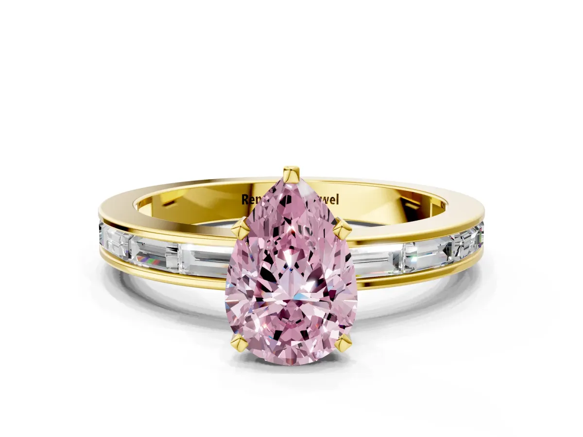 Fancy Pink Pear Cut Solitaire Diamond Ring with Channel-Set Baguette Band and Four-Prong Setting Yellow gold