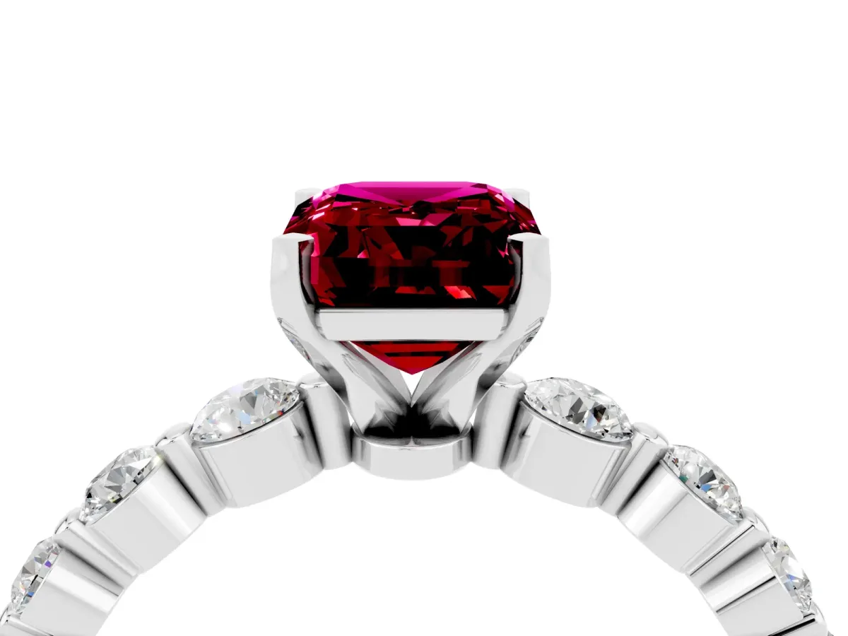 Emerald Cut Solitaire Garnet Ring with Pave Band and Four-Prong Setting Silver