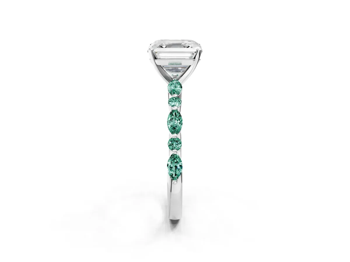 Asscher Cut Diamond Ring with Marquise and Round Green Sapphire Side Stones and Four-Prong Setting White gold