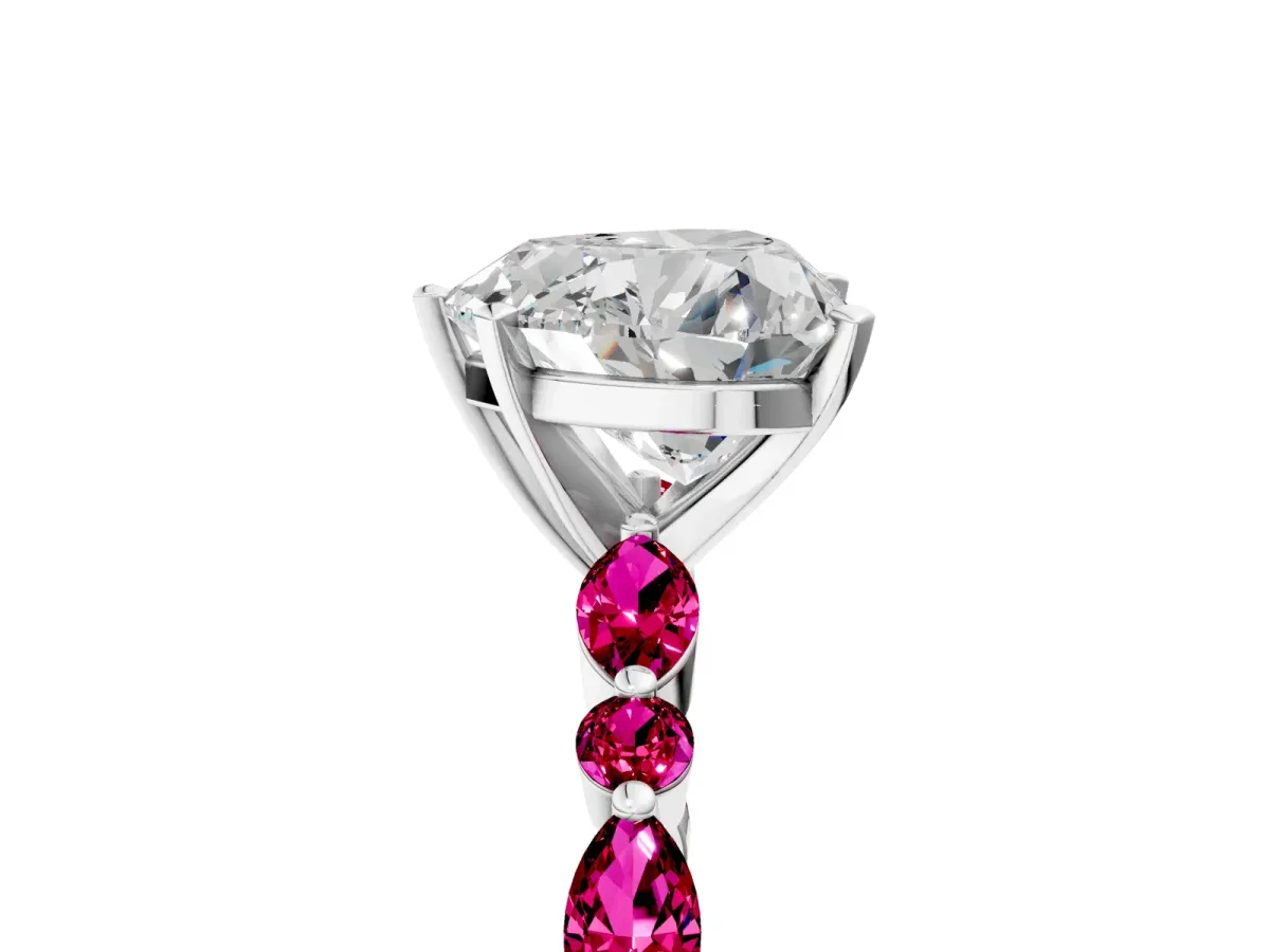 Heart Cut Diamond Ring with Marquise and Round Garnet Side Stones and Four-Prong Setting White gold