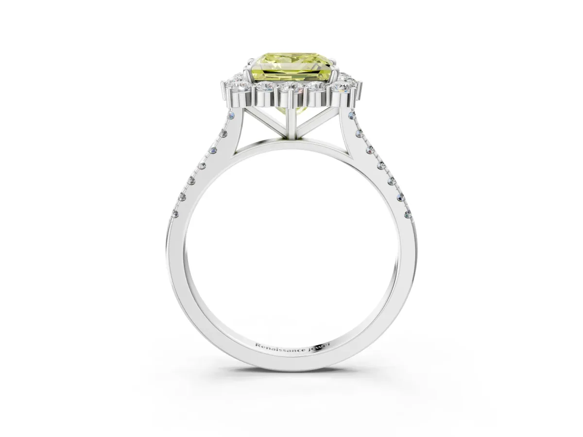 Fancy Yellow Princess Cut Halo Diamond Ring with Pavé Band and Prong Setting White gold