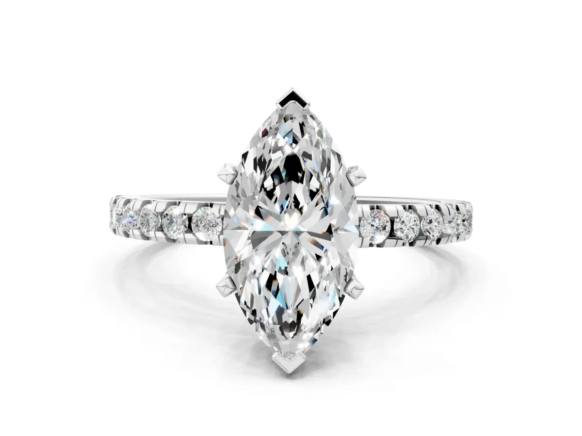 Marquise Cut Diamond Solitaire Ring with Round Moissanite Pavé Band and Four-Prong Setting White gold