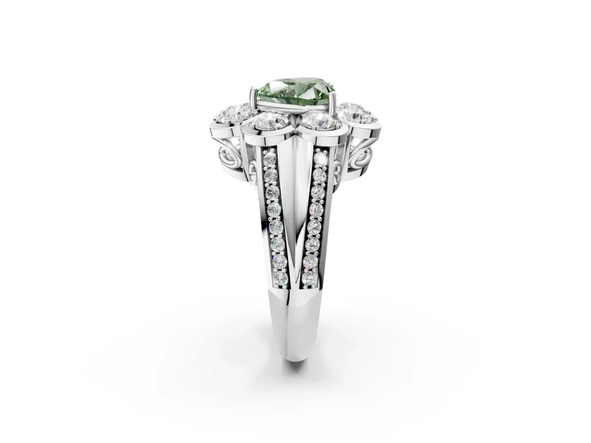 Fancy Green Heart Cut Brilliant Flower Halo Diamond Split Shank Ring Platinum