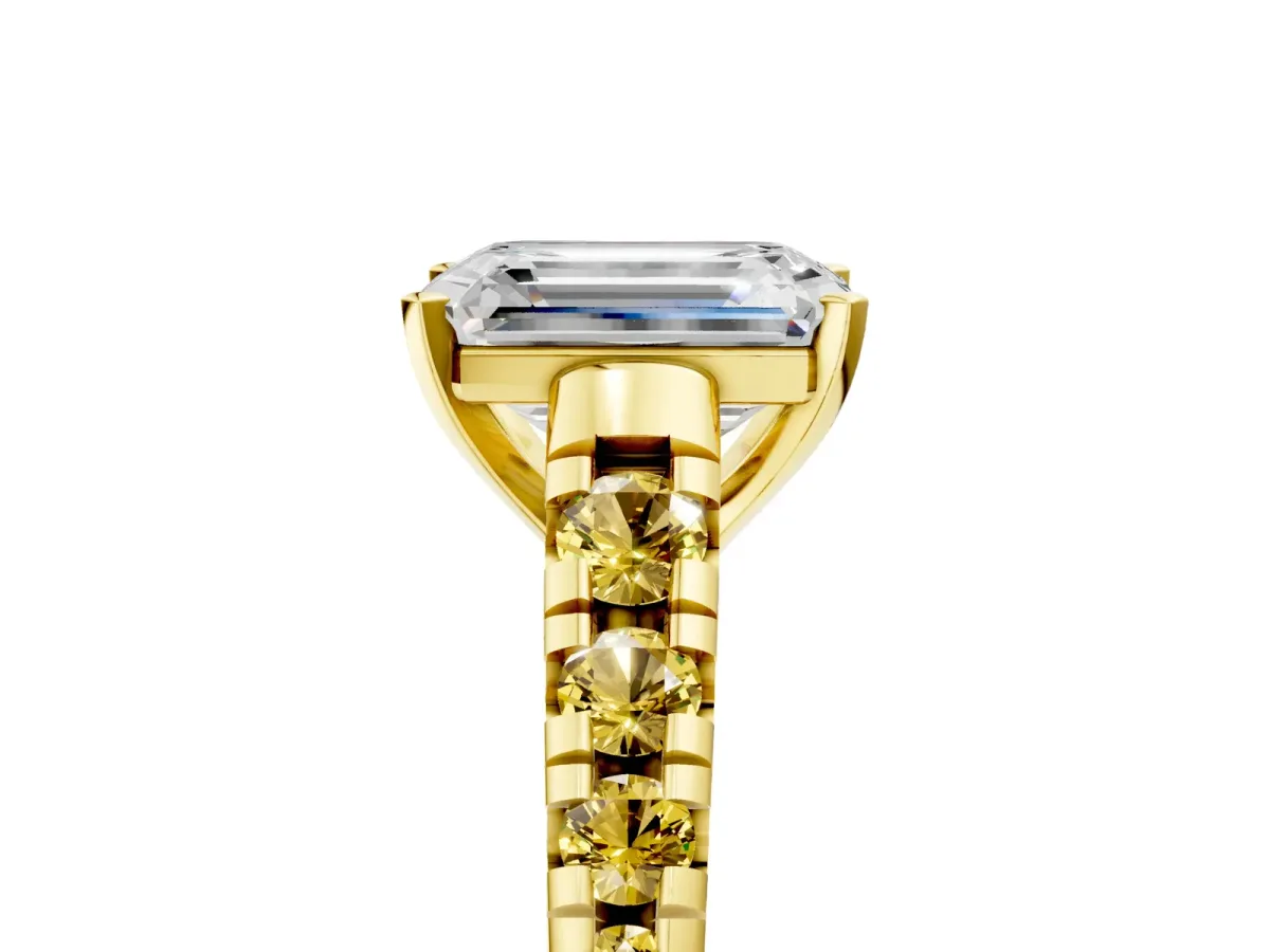 Emerald Cut Diamond Cathedral Solitaire Ring with Round Yellow Sapphire Pavé Band Yellow gold