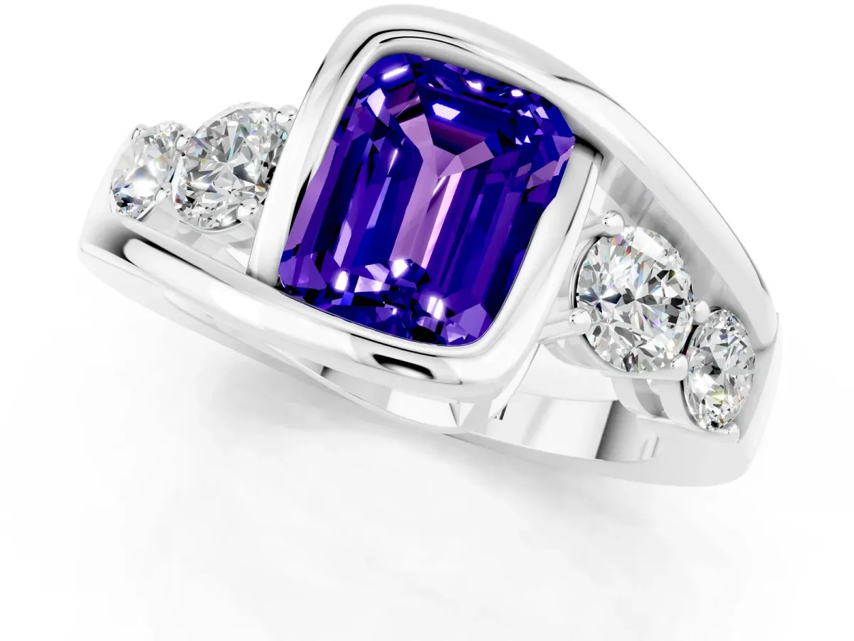 Bezel Set Emerald Cut Tanzanite Bypass Ring with Round Accents Silver