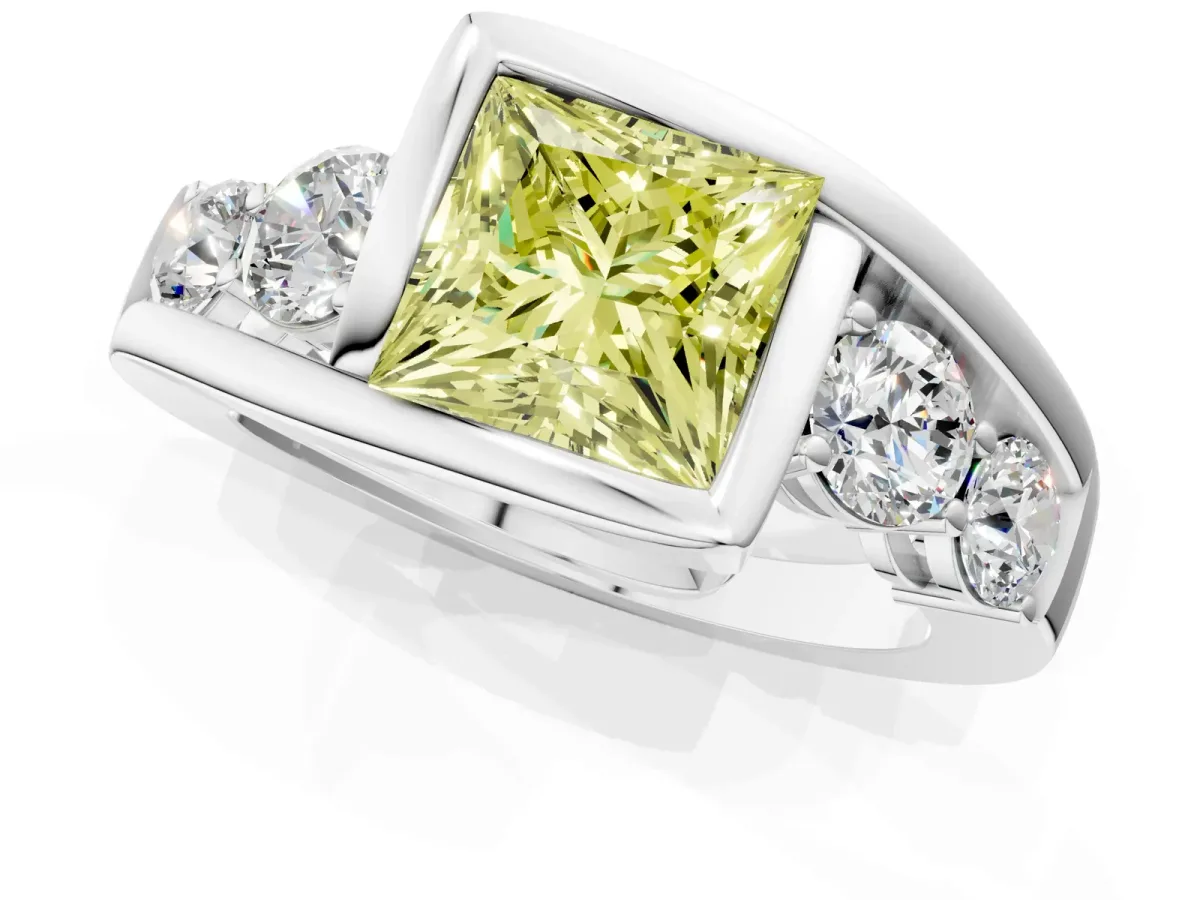 Fancy Yellow Bezel Set Princess Cut Diamond Bypass Ring with Round Accents Platinum