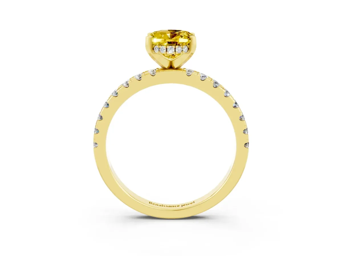 Oval Cut Yellow Sapphire Solitaire Ring with Round Pavé Band and Four-Prong Setting Yellow gold