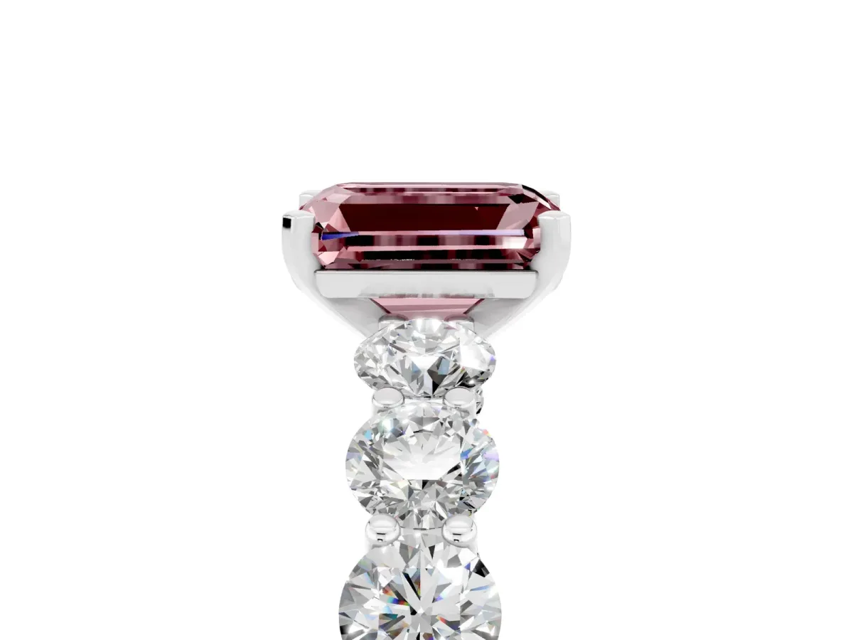 Emerald Cut Morganite Prong Setting with Side Stones on a Pave Band Silver