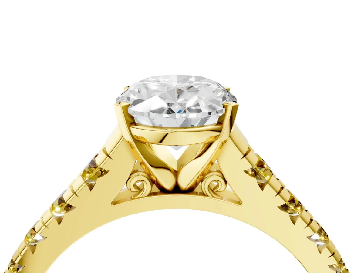 Oval Cut Diamond Cathedral Solitaire Ring with Round Yellow Sapphire Pavé Band Yellow gold
