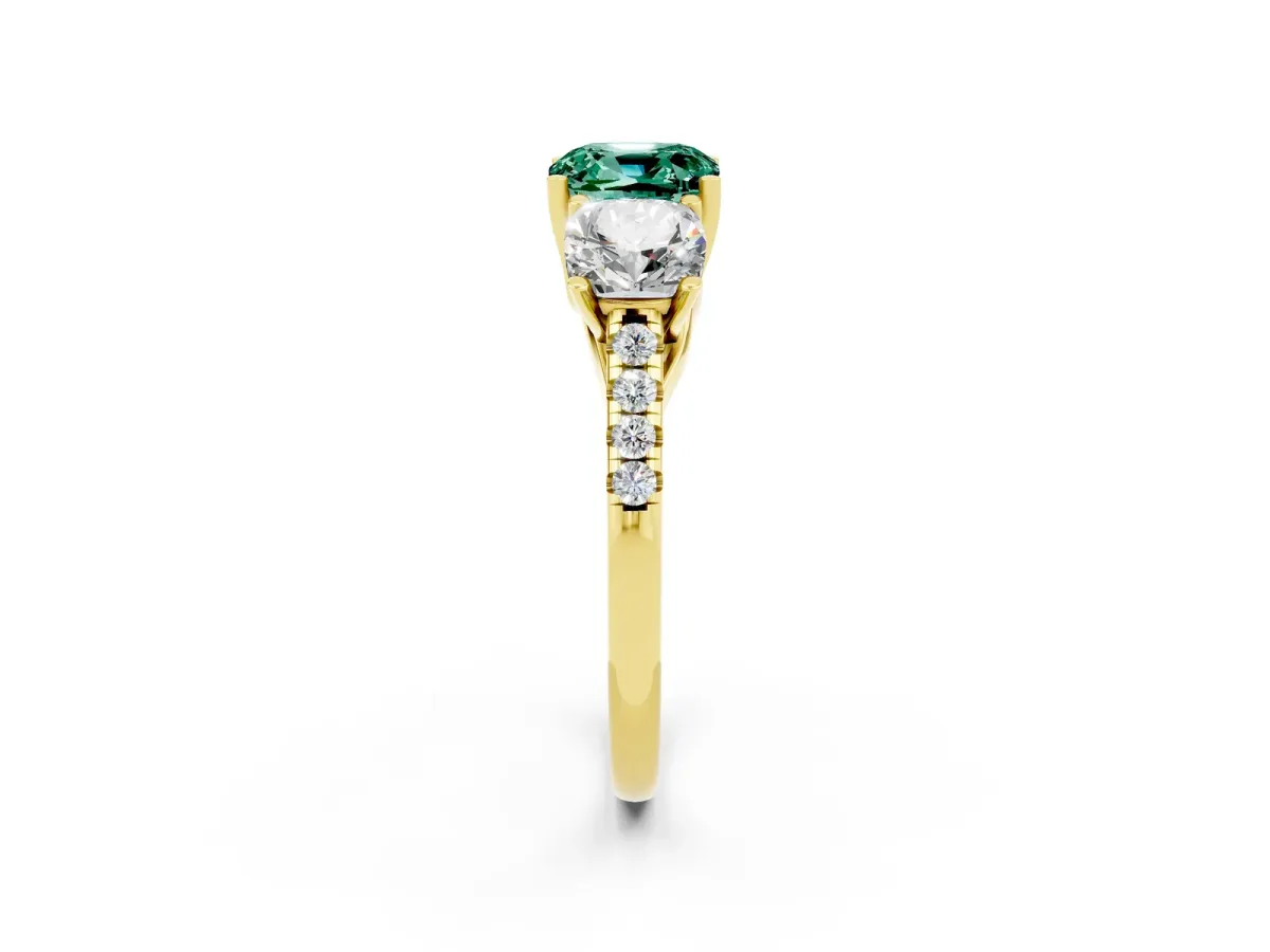 Three-Stone Cushion Cut Green Sapphire Ring with Round Pavé Band and Prong Setting Yellow gold