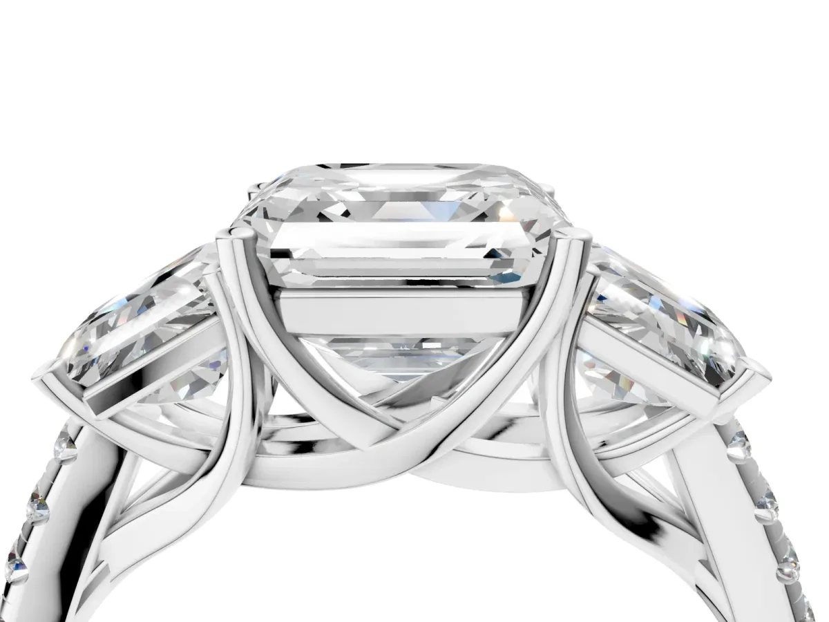 Three-Stone Asscher Cut Diamond Ring with Round Pavé Band and Prong Setting Platinum