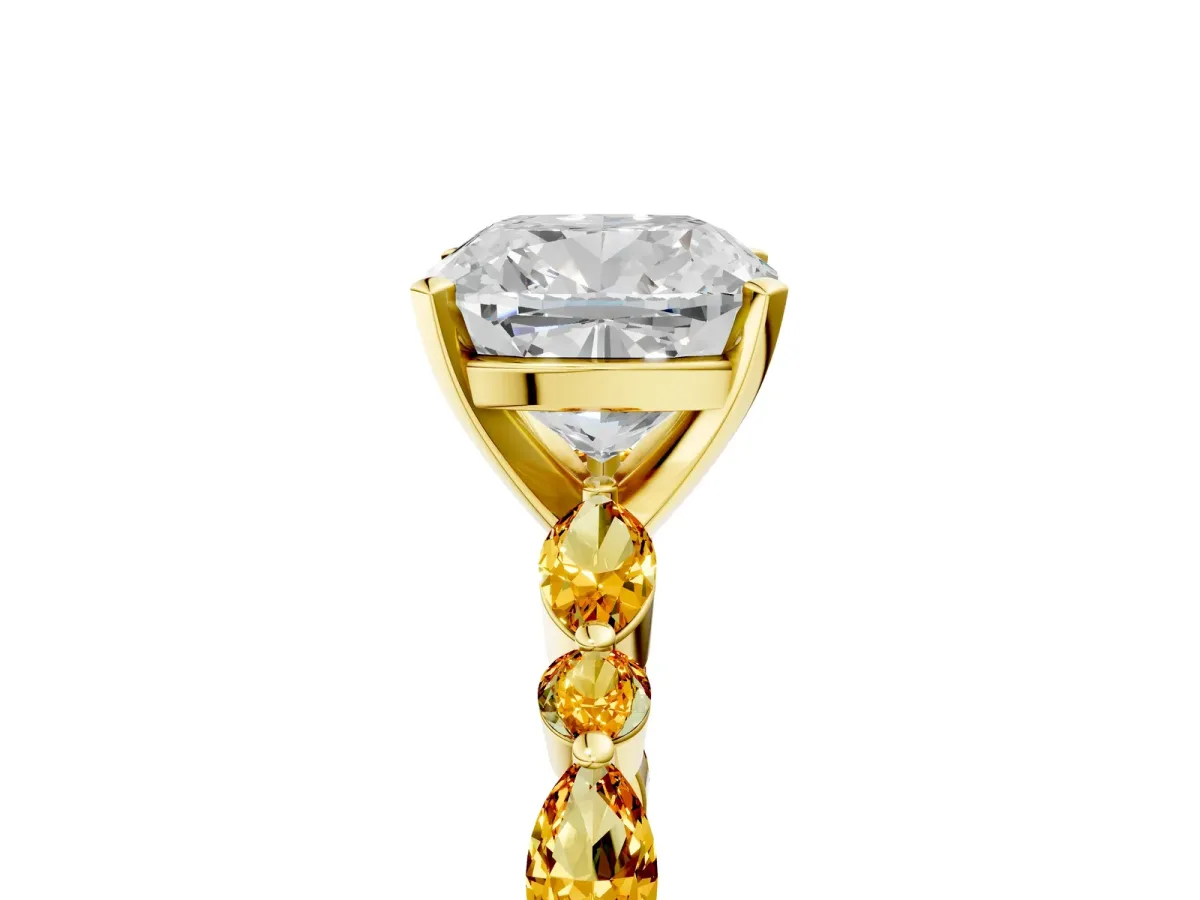 Cushion Cut Diamond Ring with Marquise and Round Citrine Side Stones and Four-Prong Setting Yellow gold