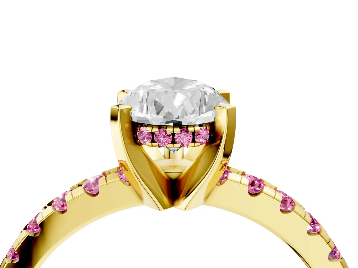 Pear Cut Diamond Solitaire Ring with Round Pink Sapphire Pavé Band and Four-Prong Setting Yellow gold