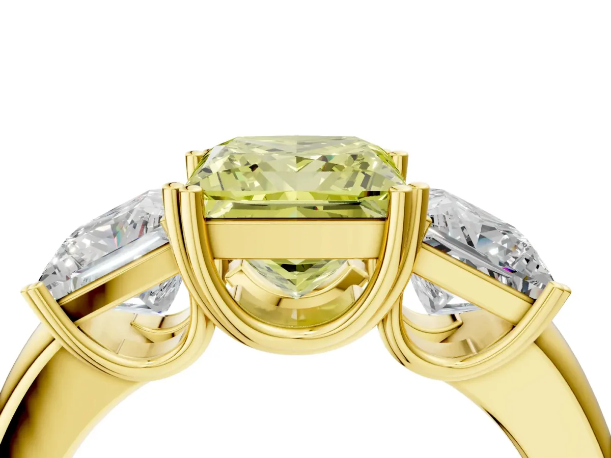 Fancy Yellow Three-Stone Princess Cut Cut Diamond Ring with Channel Set Band and Four-Prong Setting Yellow gold