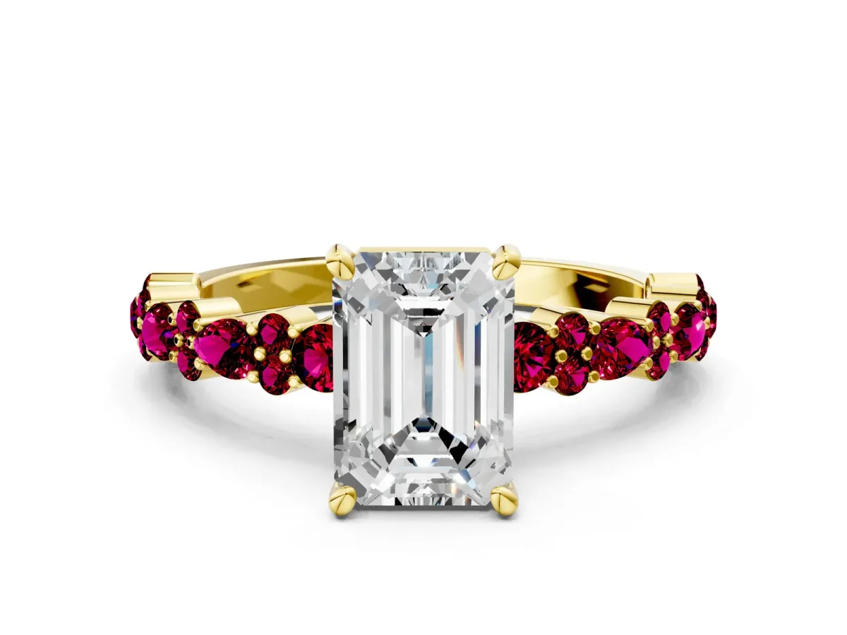 Emerald Cut Diamond Side Stone Solitaire Ring with Round Garnet and Four-Prong Setting Yellow gold