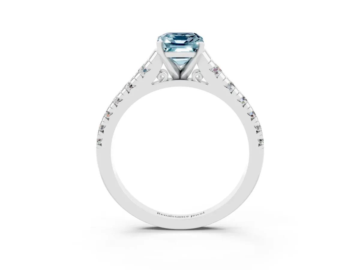 Emerald Cut Aquamarine Cathedral Solitaire Ring with Round Pavé Band Platinum