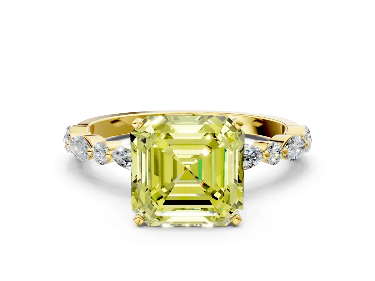 Fancy Yellow Asscher Cut Diamond Ring with Marquise and Round Side Stones and Four-Prong Setting Yellow gold